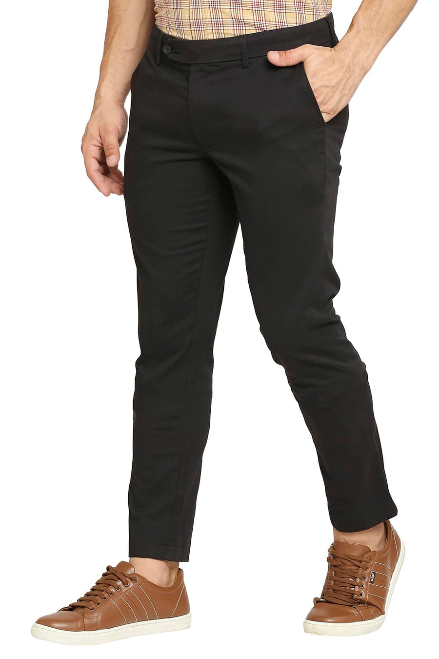 BASICS TAPERED FIT ANTHRACITE BLACK COTTON PLOYESTER STRETCH DOBBY TROUSERS