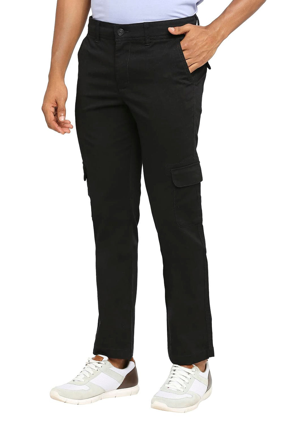 BASICS DRIFT CARGO FIT ANTHRACITE BLACK COTTON STRETCH DOBBY TROUSERS