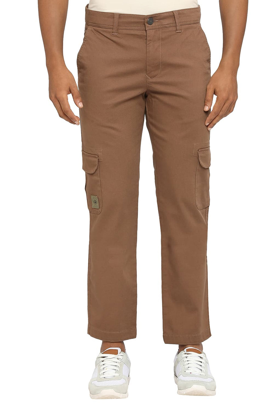 BASICS DRIFT CARGO FIT EARTH BROWN COTTON STRETCH DOBBY TROUSERS