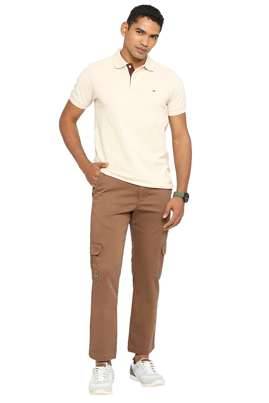 BASICS DRIFT CARGO FIT EARTH BROWN COTTON STRETCH DOBBY TROUSERS