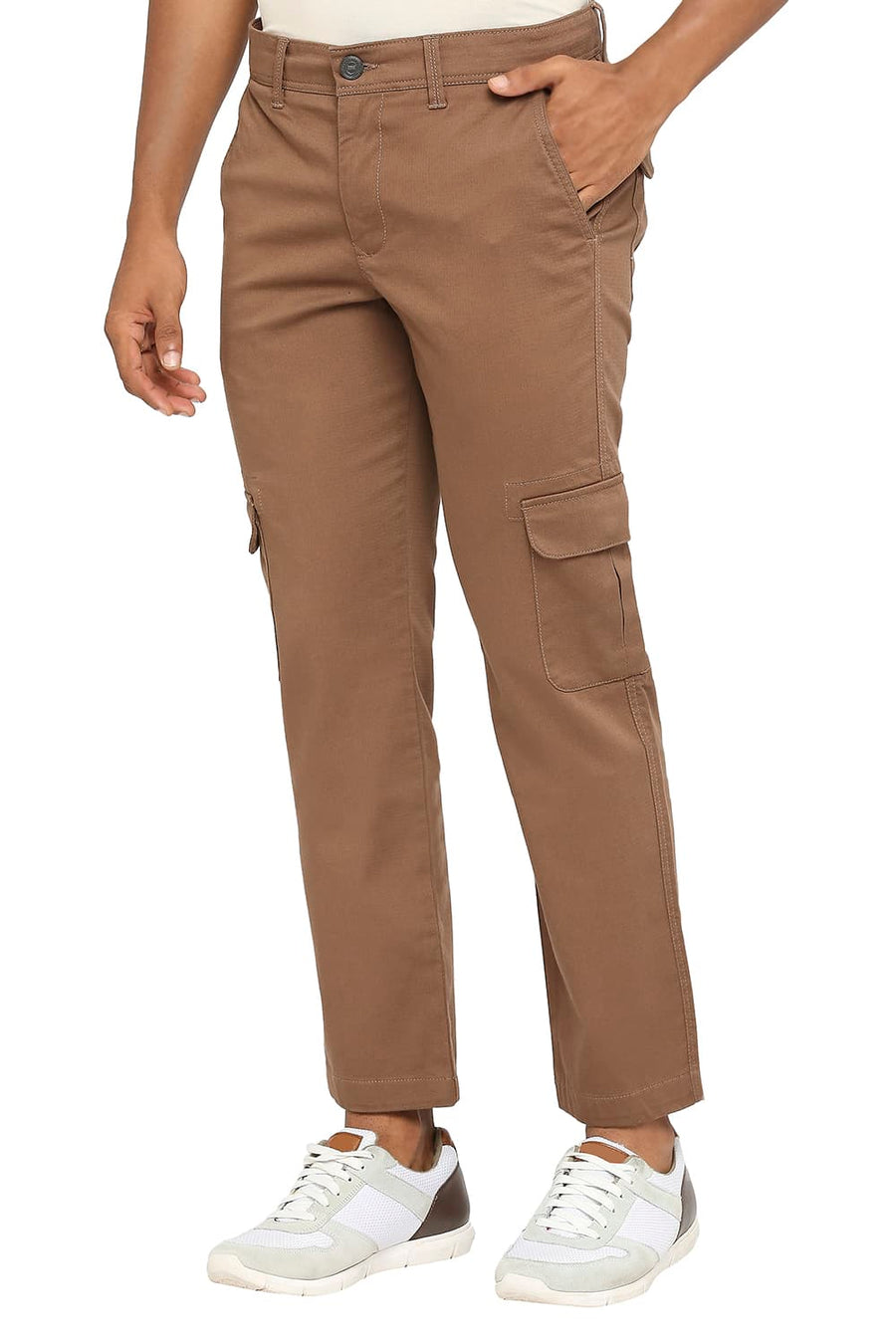 BASICS DRIFT CARGO FIT EARTH BROWN COTTON STRETCH DOBBY TROUSERS