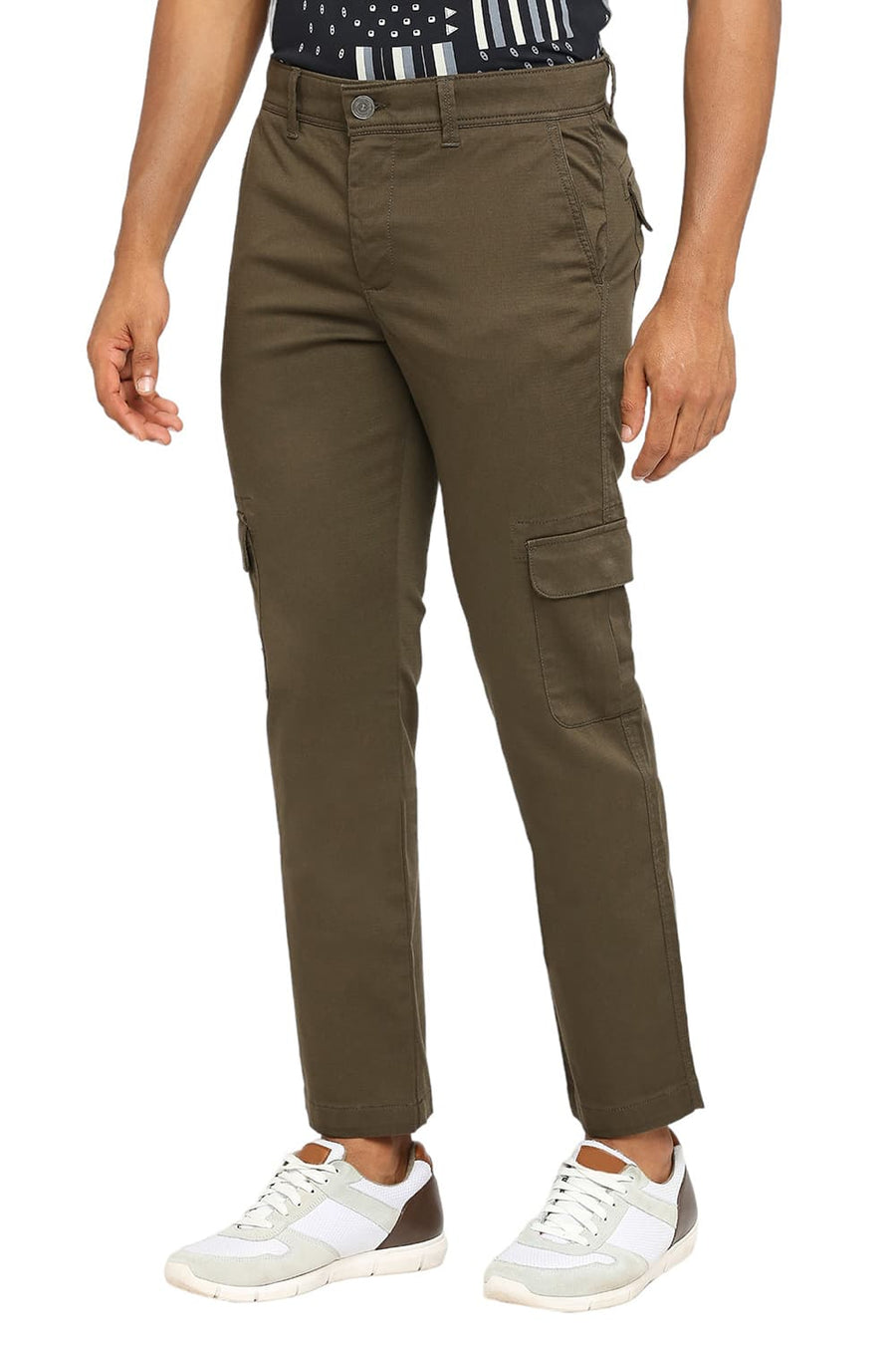 BASICS DRIFT CARGO FIT DARK OLIVE COTTON STRETCH DOBBY TROUSERS