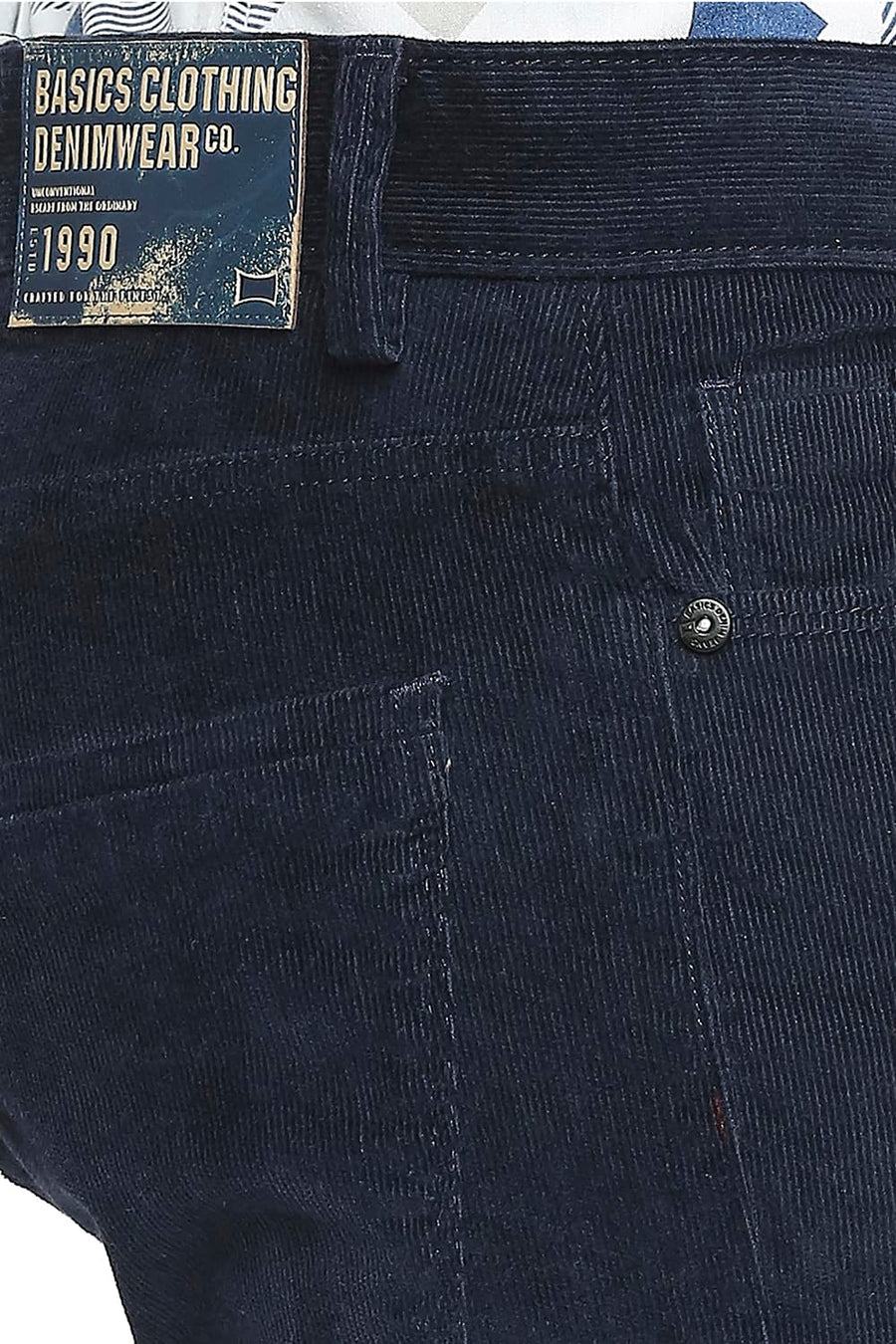 BASICS DRIFT FIT SALUTE NAVY COTTON STRETCH CORDUORY TROUSERS