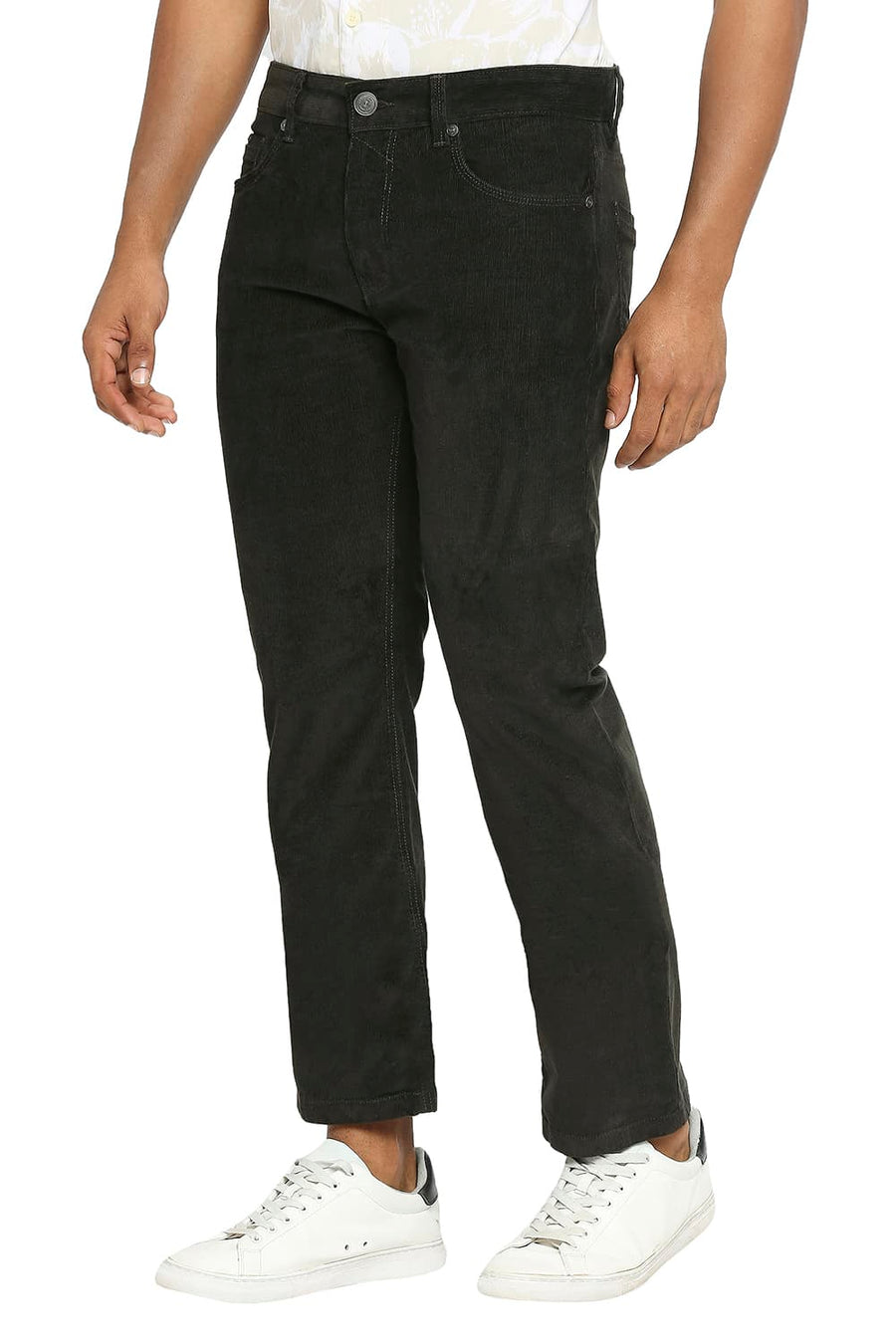 BASICS DRIFT FIT BLACK OLIVE COTTON STRETCH CORDUORY TROUSERS