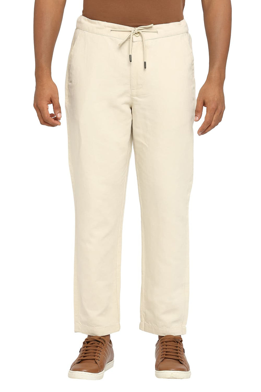 BASICS RELAXED FIT SAFARI BEIGE LINEN COTTON TROUSERS