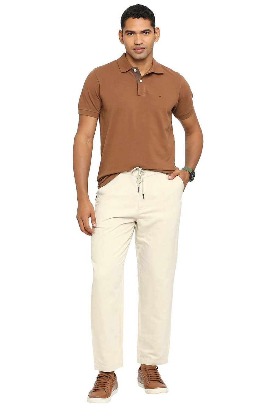 BASICS RELAXED FIT SAFARI BEIGE LINEN COTTON TROUSERS