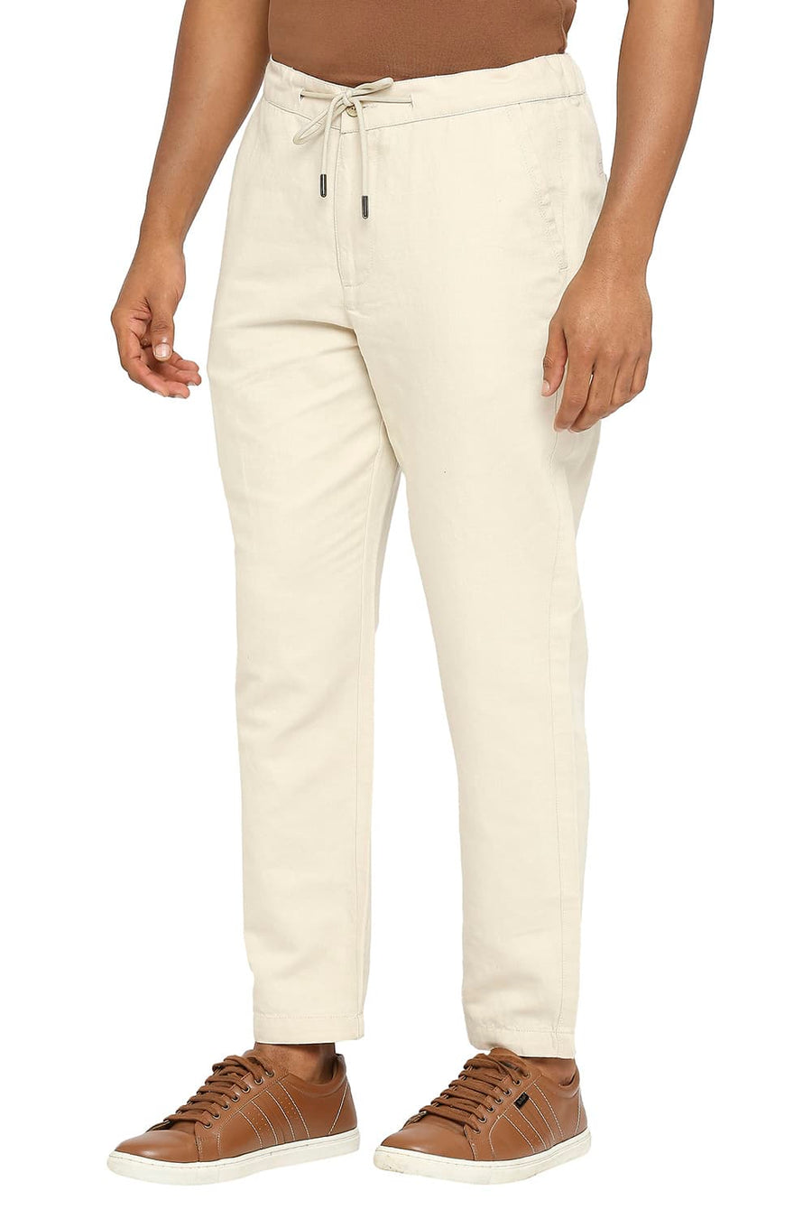 BASICS RELAXED FIT SAFARI BEIGE LINEN COTTON TROUSERS
