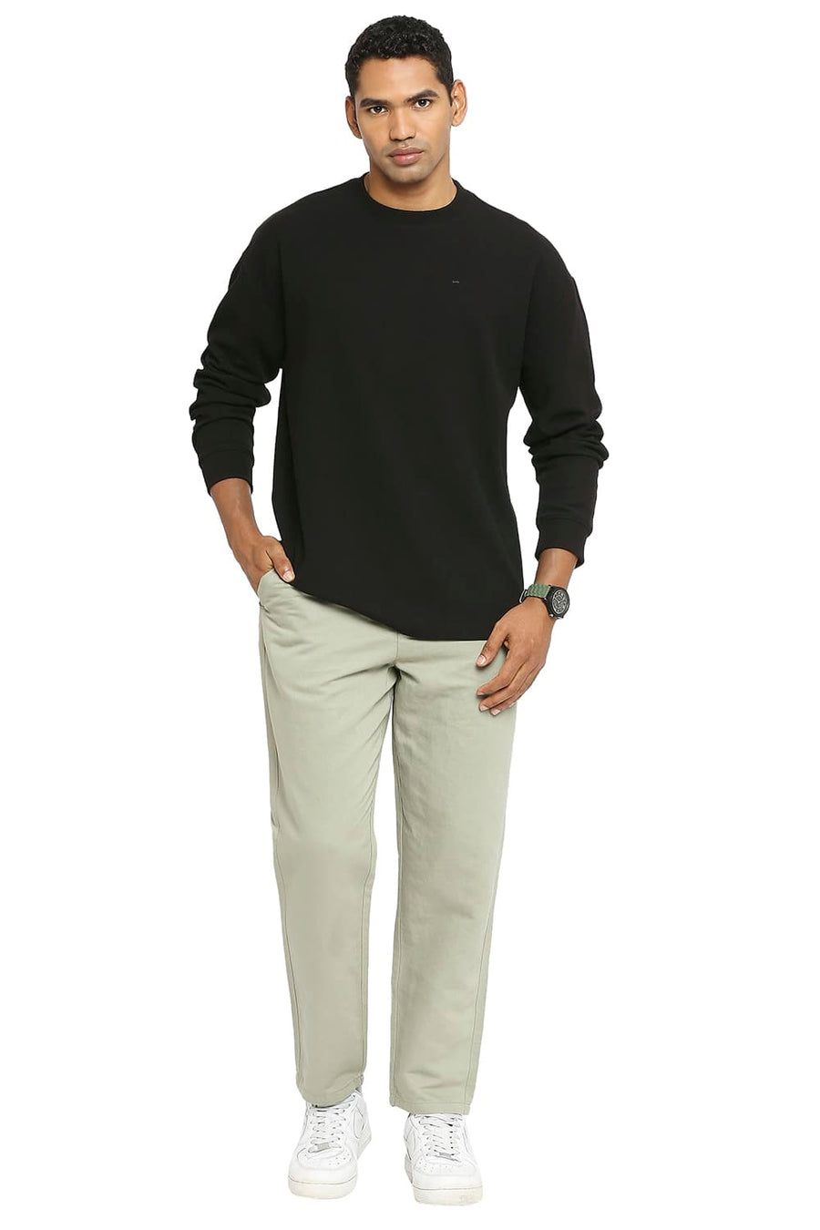 BASICS RELAXED FIT TEA GREEN LINEN COTTON TROUSERS