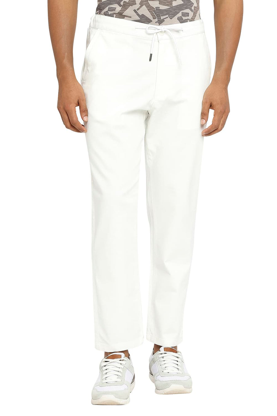 BASICS RELAXED FIT BRIGHT ECRU COTTON VISCOSE STRETCH DOBBY TROUSERS