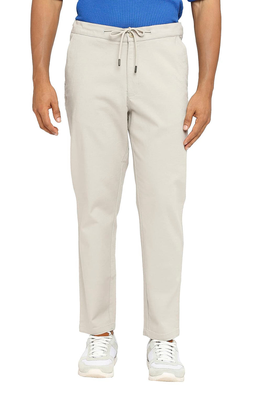 BASICS RELAXED FIT GREY STRING COTTON VISCOSE STRETCH DOBBY TROUSERS