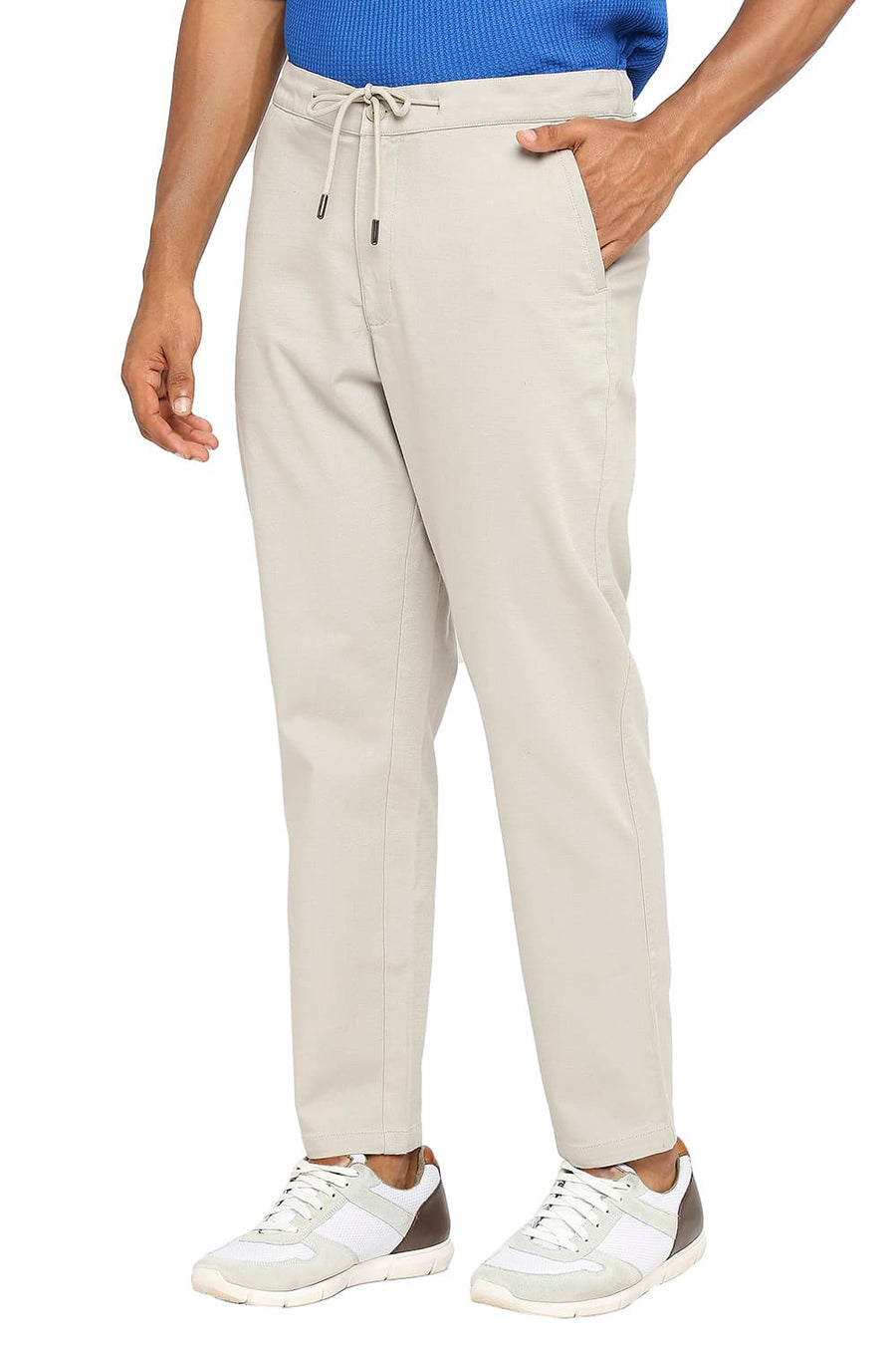 BASICS RELAXED FIT GREY STRING COTTON VISCOSE STRETCH DOBBY TROUSERS