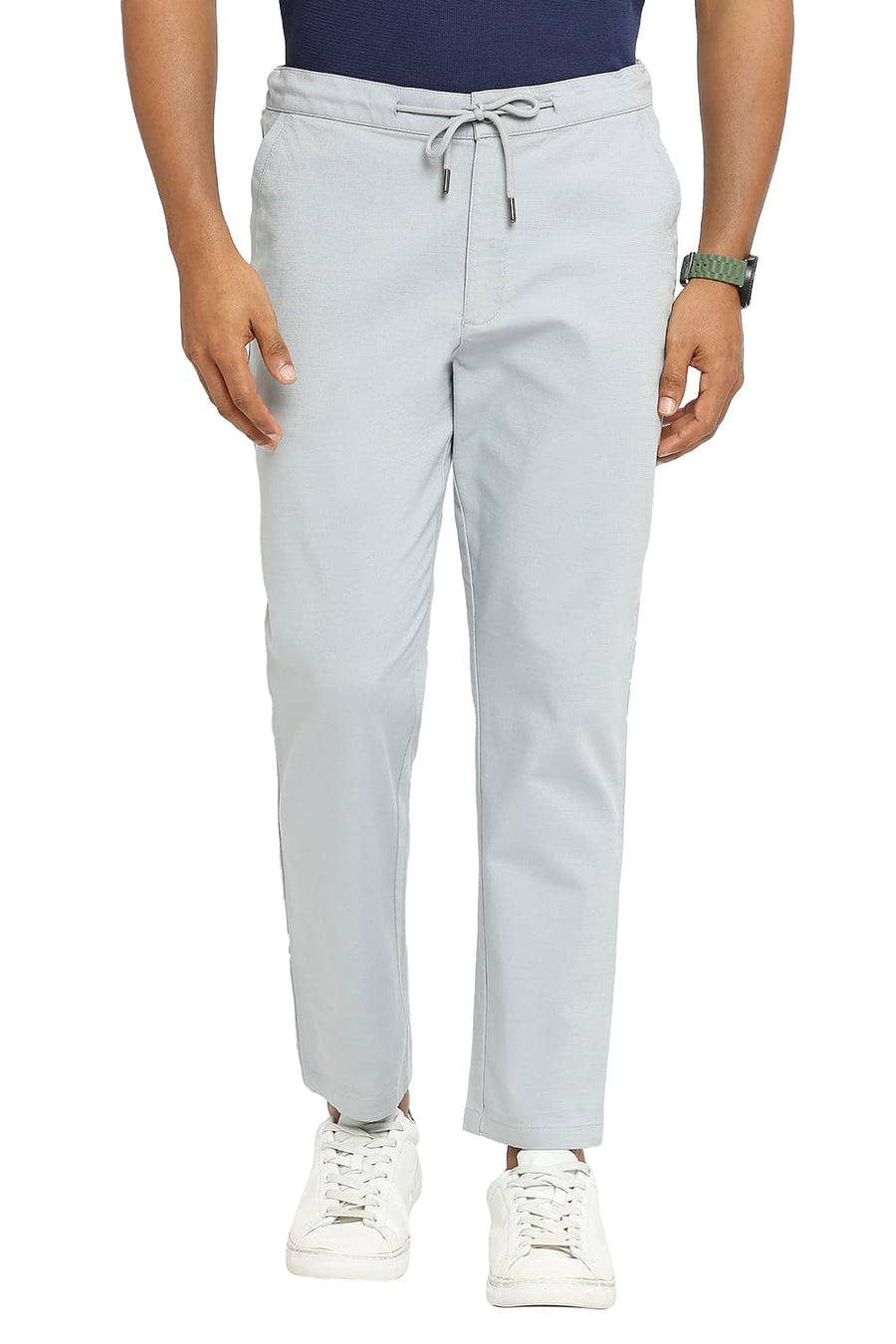 BASICS RELAXED FIT NEUTRAL BLUE COTTON VISCOSE STRETCH DOBBY TROUSERS