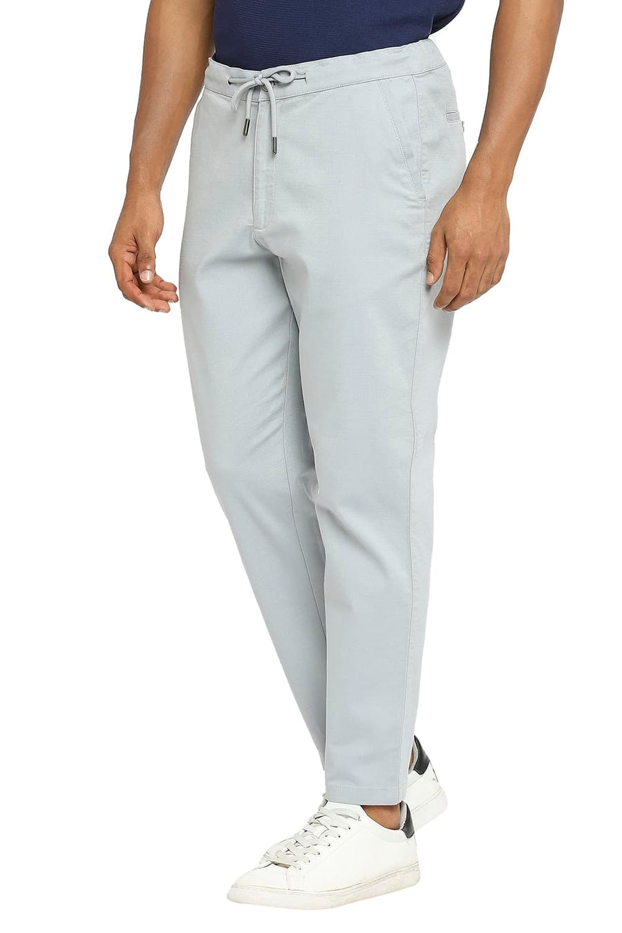 BASICS RELAXED FIT NEUTRAL BLUE COTTON VISCOSE STRETCH DOBBY TROUSERS