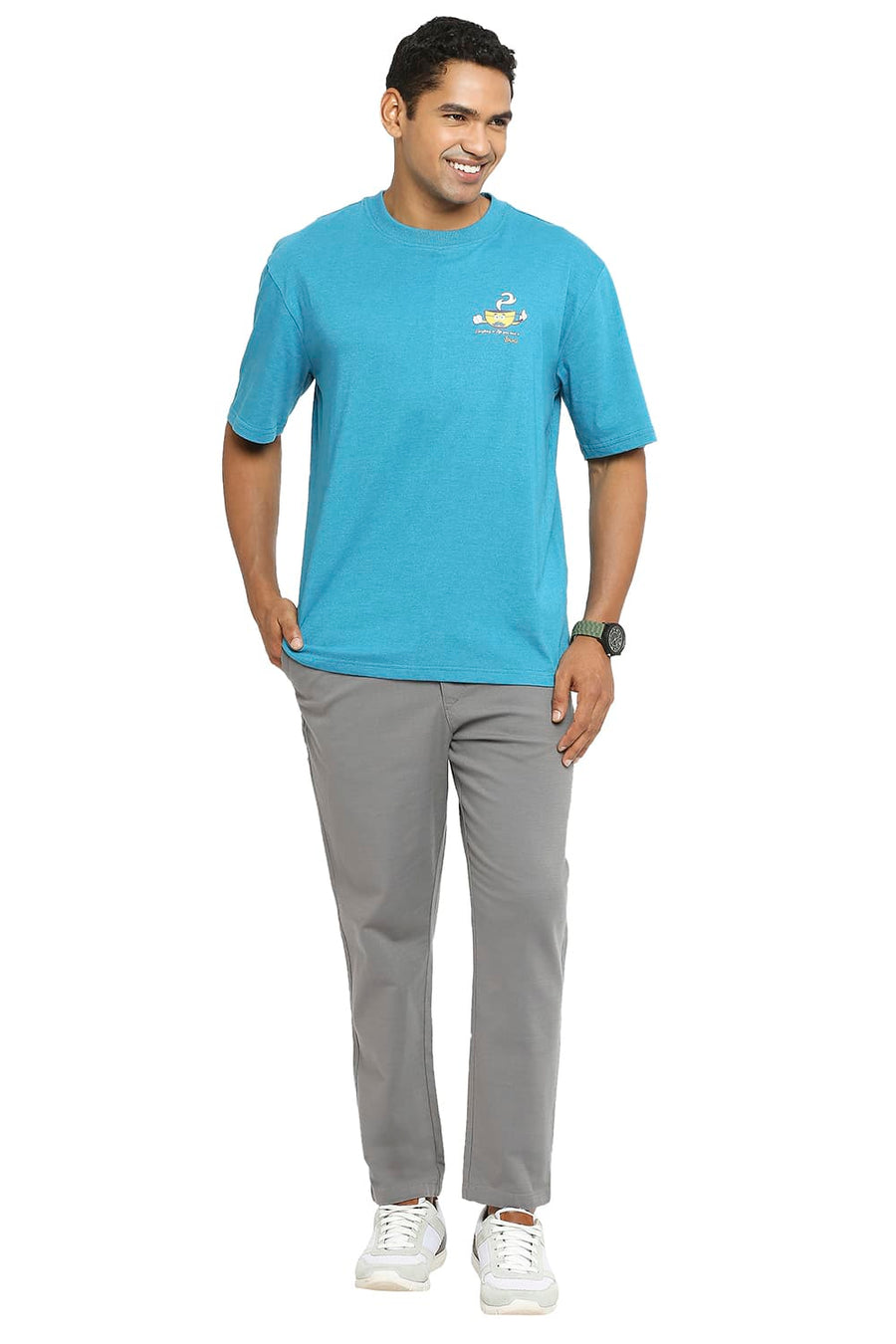 BASICS RELAXED FIT GARGOYLE GREY COTTON VISCOSE STRETCH DOBBY TROUSERS