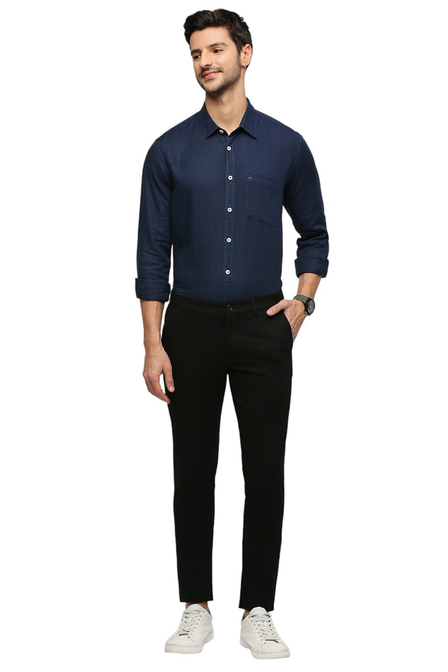 BASICS TAPERED FIT PIRATE BLACK COTTON STRETCH DOBBY TROUSERS