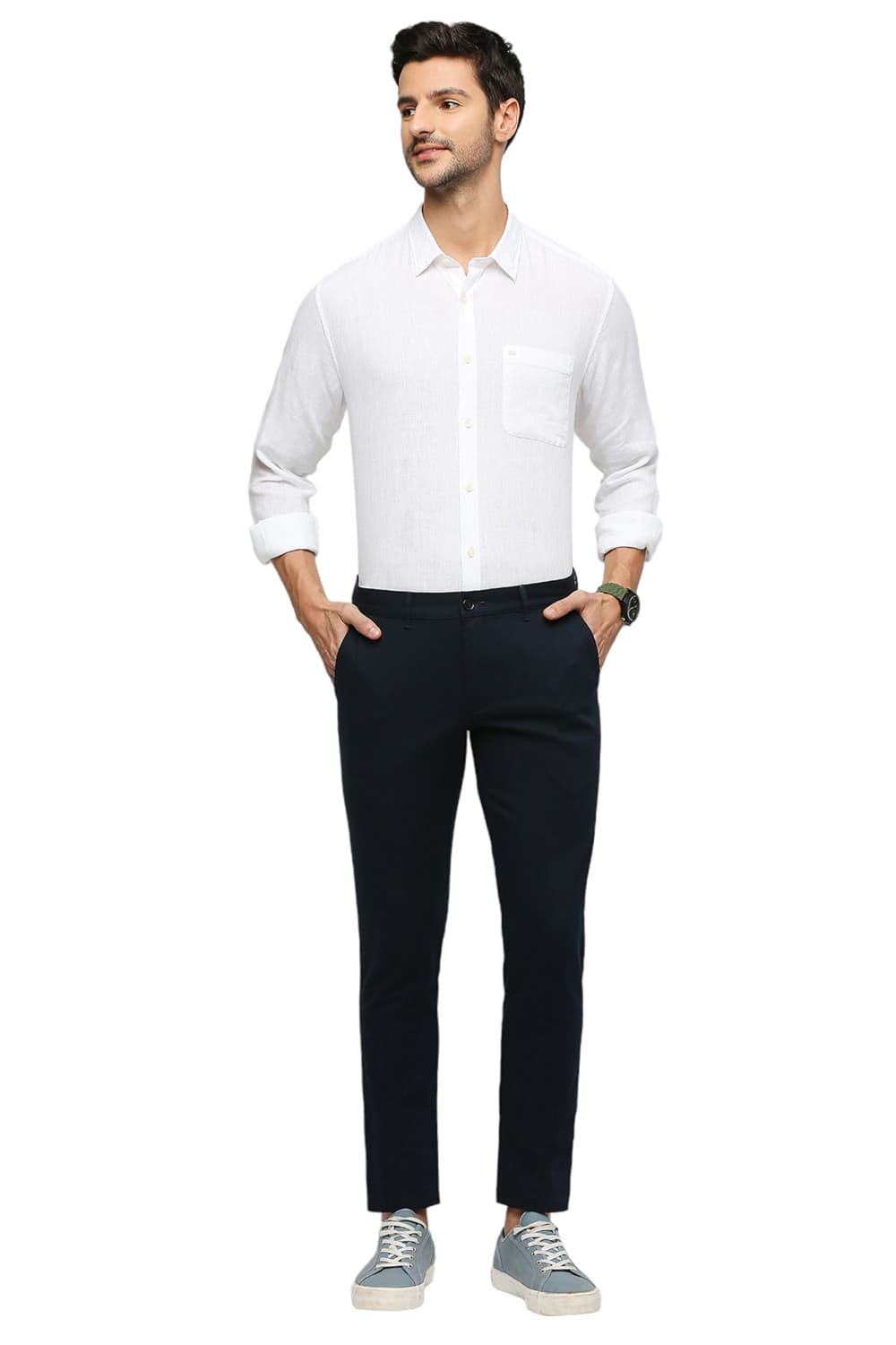 BASICS TAPERED FIT COTTON STRETCH DOBBY TROUSERS