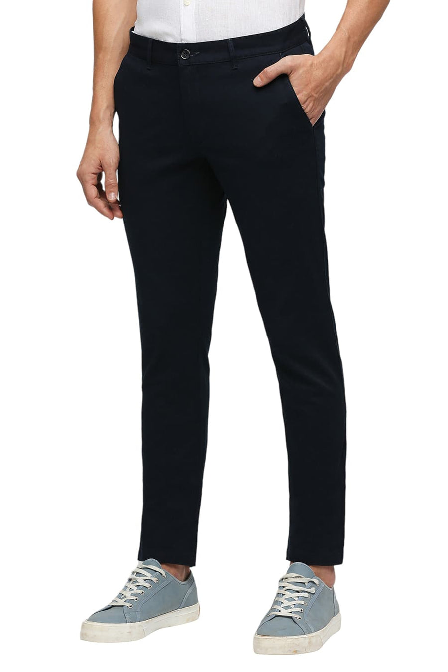 BASICS TAPERED FIT NAVY GRAPHITE COTTON STRETCH DOBBY TROUSERS