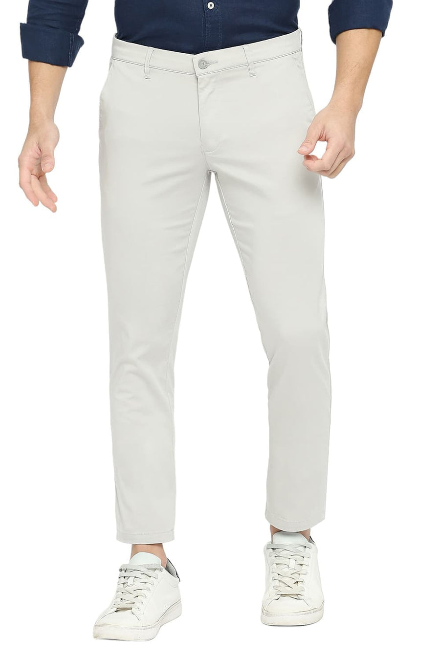 BASICS TAPERED FIT MOON STRUCK GREY COTTON STRETCH TROUSERS