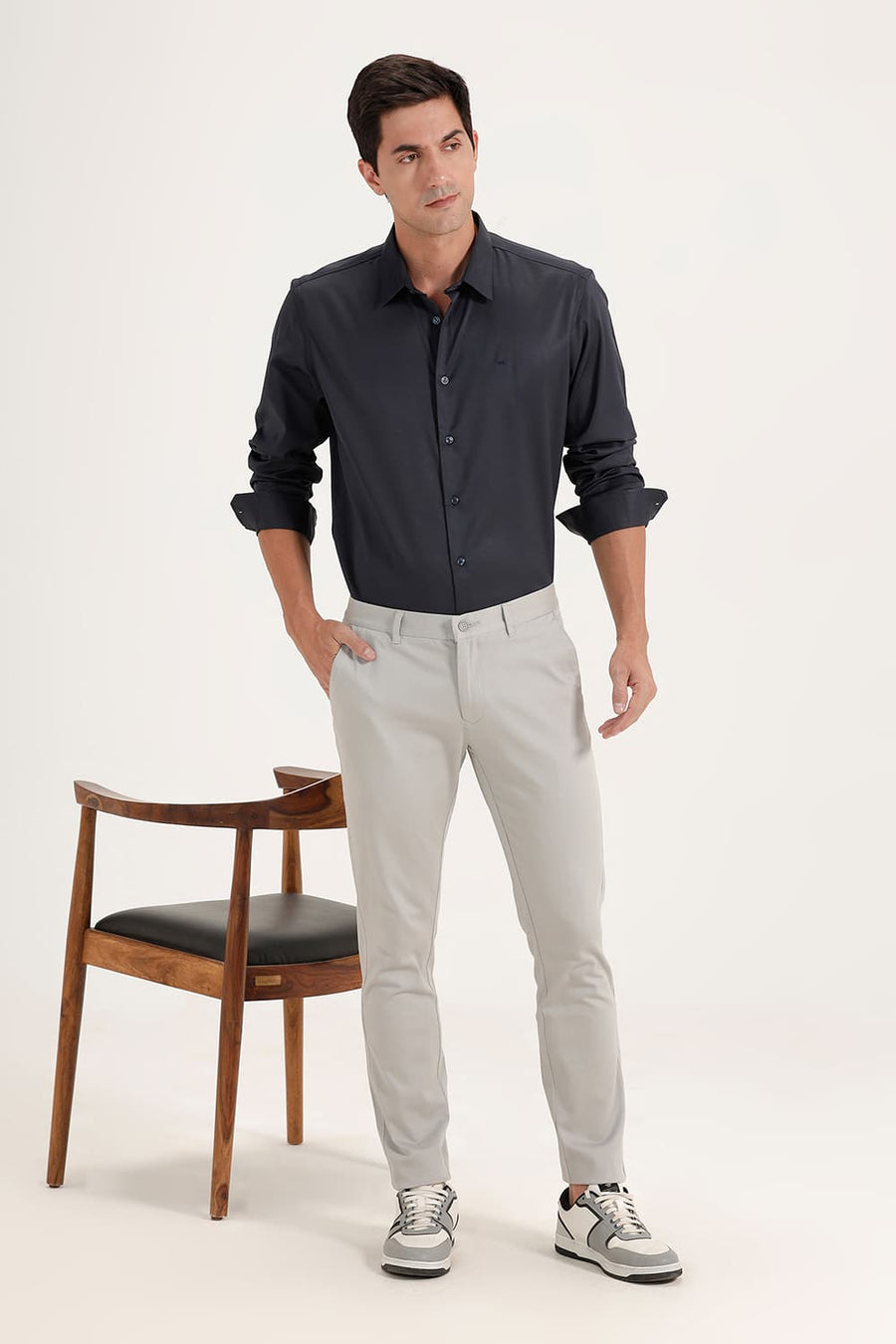 BASICS SKINNY FIT ABBEY STONE COTTON STRETCH DOBBY TROUSERS