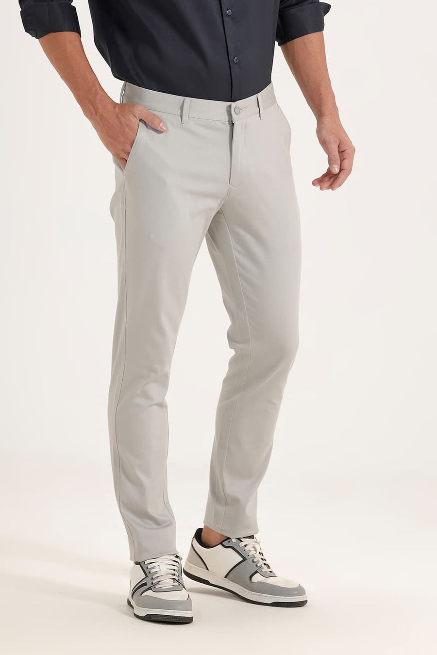 BASICS SKINNY FIT ABBEY STONE COTTON STRETCH DOBBY TROUSERS