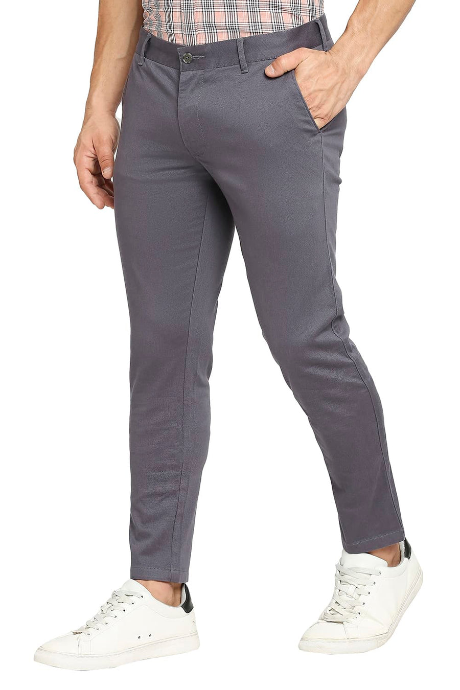 BASICS SKINNY FIT PERISCOPE GREY COTTON STRETCH DOBBY TROUSERS