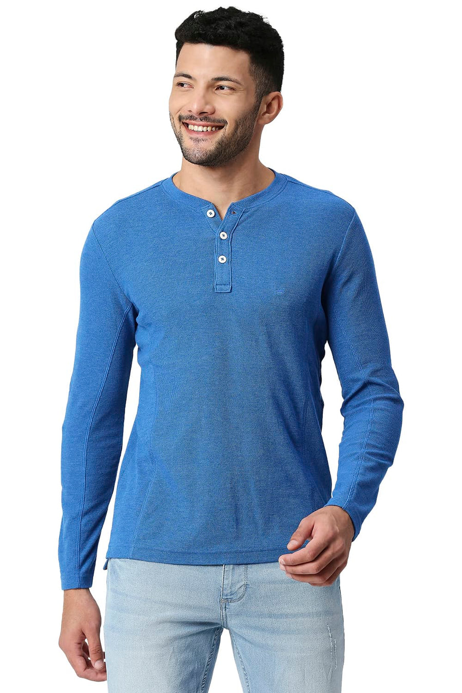 BASICS MUSCLE FIT VALLARTA BLUE COTTON POLYESTER HENLEY T-SHIRT