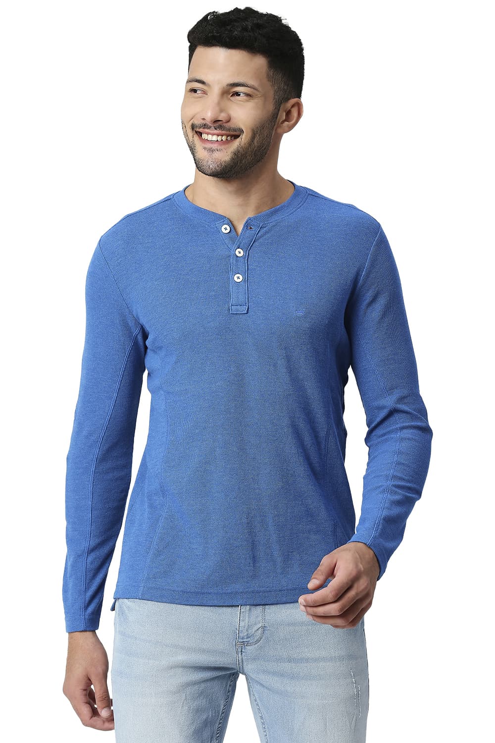 BASICS MUSCLE FIT COTTON POLYESTER HENLEY T-SHIRT