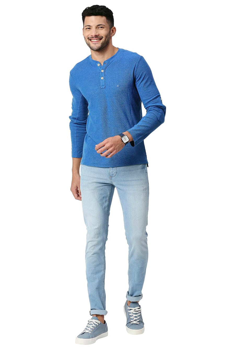 BASICS MUSCLE FIT VALLARTA BLUE COTTON POLYESTER HENLEY T-SHIRT