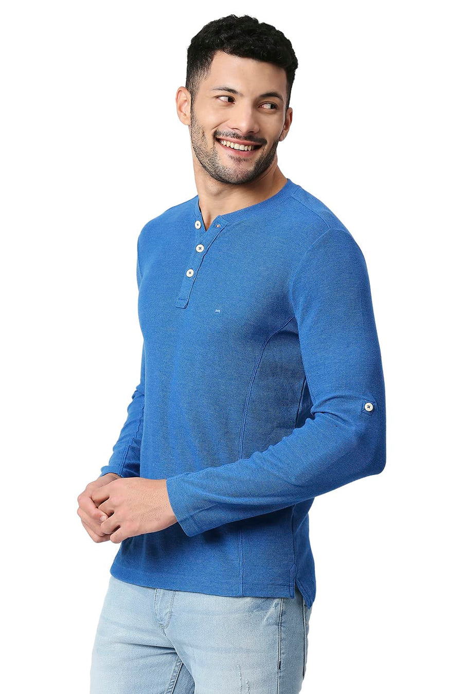 BASICS MUSCLE FIT VALLARTA BLUE COTTON POLYESTER HENLEY T-SHIRT