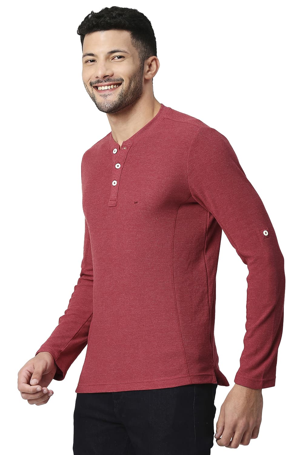 BASICS MUSCLE FIT COTTON POLYESTER HENLEY T-SHIRT