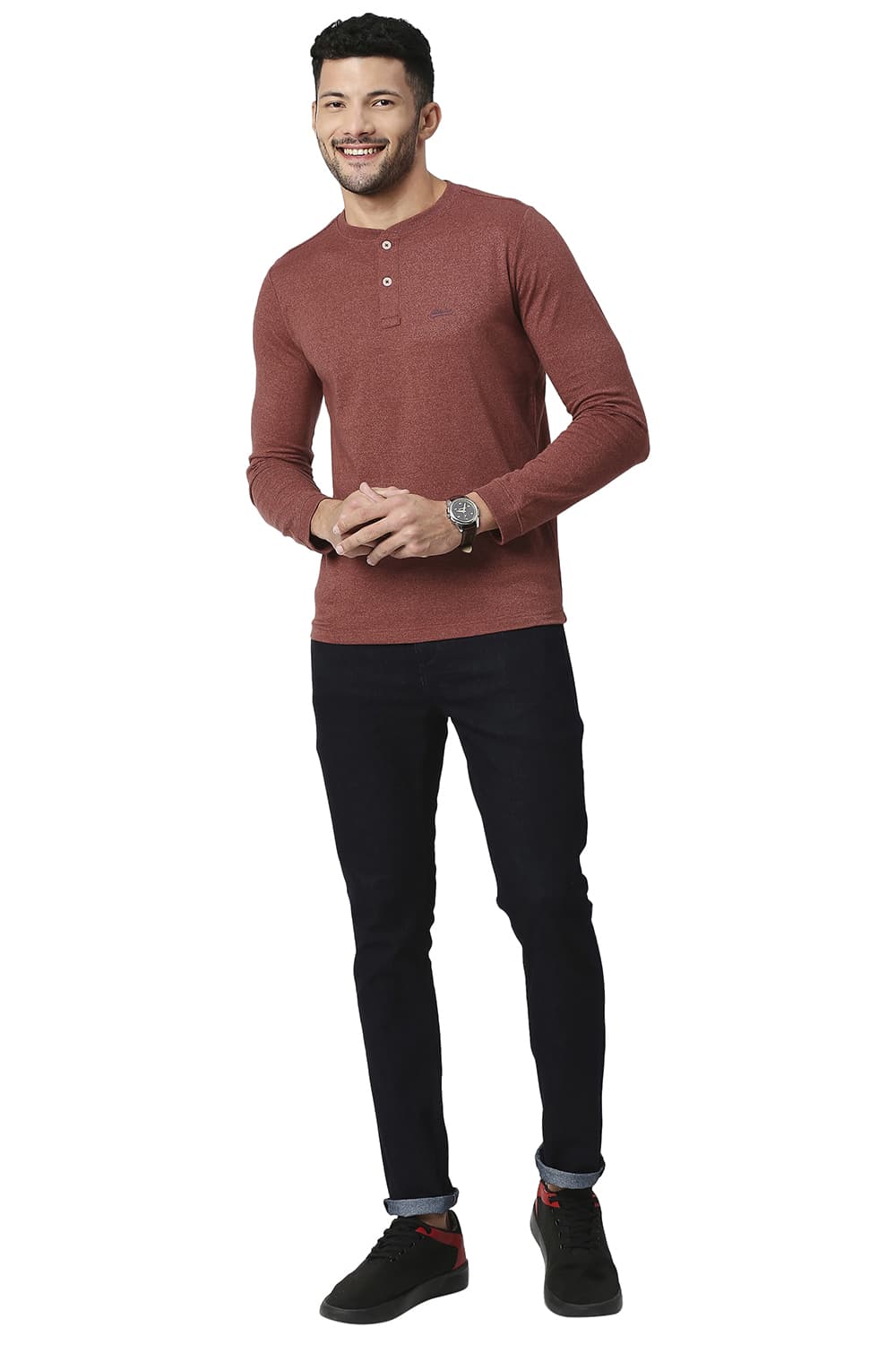 BASICS MUSCLE FIT COTTON POLYESTER HENLEY T-SHIRT