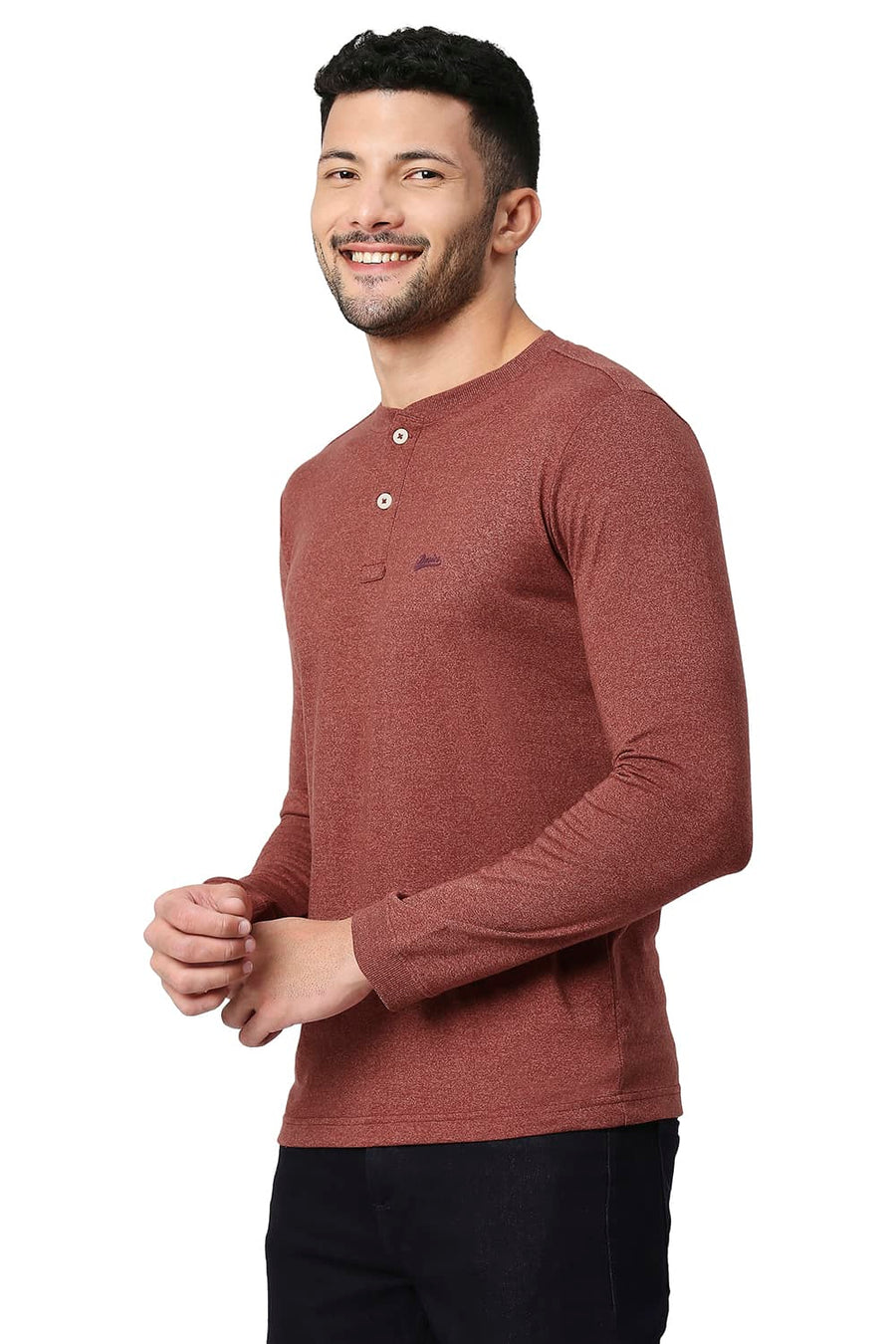 BASICS MUSCLE FIT ROSE DAWN COTTON POLYESTER HENLEY T-SHIRT