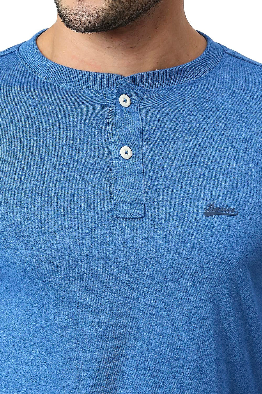 BASICS MUSCLE FIT BLUE JASPER COTTON POLYESTER HENLEY T-SHIRT