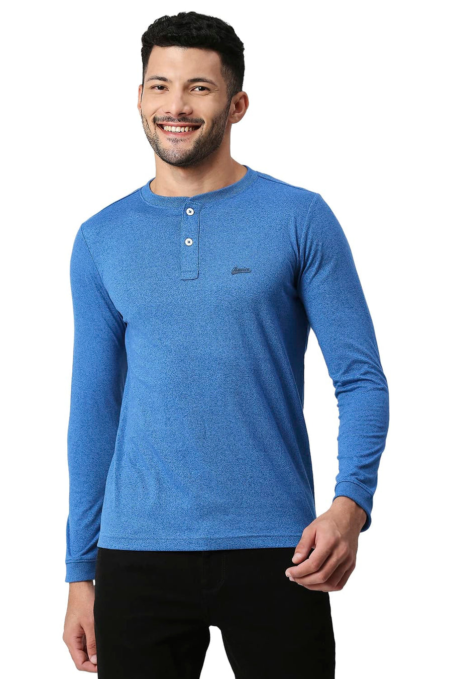 BASICS MUSCLE FIT BLUE JASPER COTTON POLYESTER HENLEY T-SHIRT