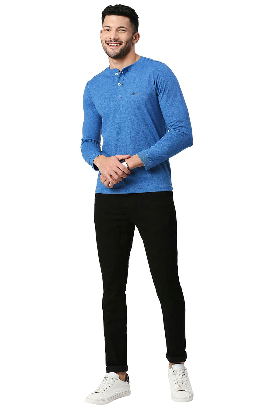 BASICS MUSCLE FIT BLUE JASPER COTTON POLYESTER HENLEY T-SHIRT