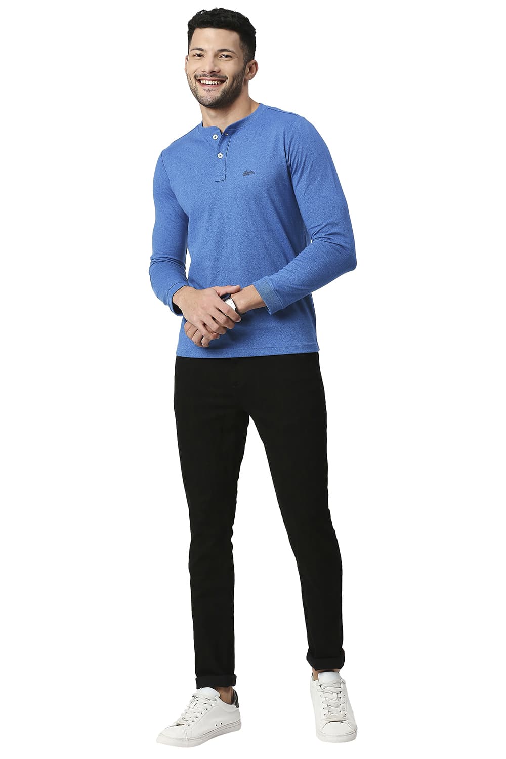 BASICS MUSCLE FIT COTTON POLYESTER HENLEY T-SHIRT