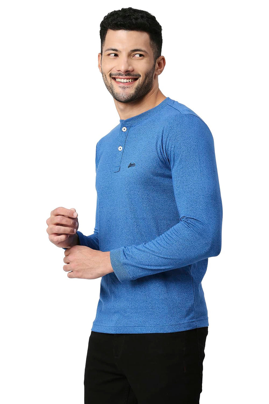 BASICS MUSCLE FIT BLUE JASPER COTTON POLYESTER HENLEY T-SHIRT