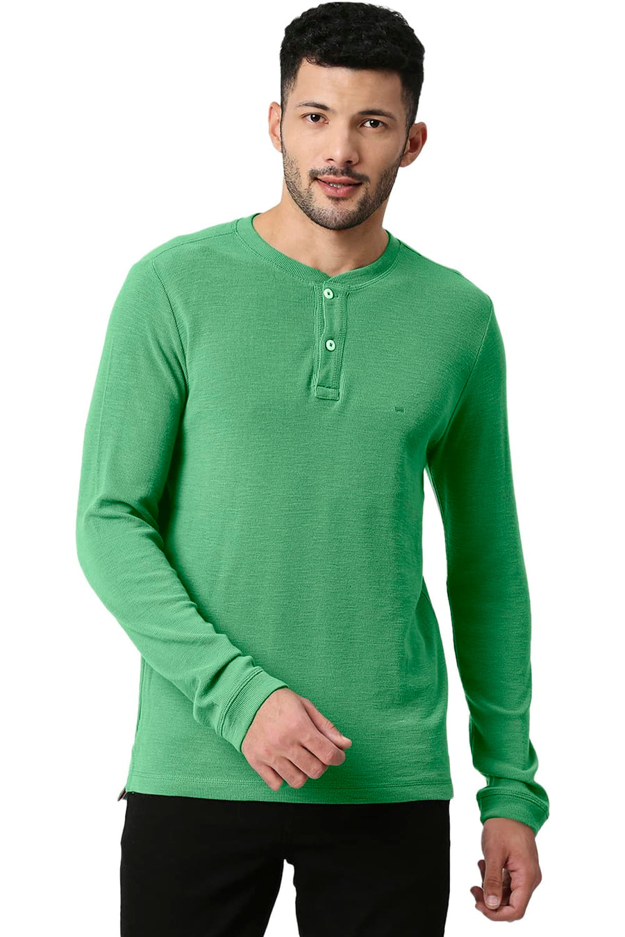 BASICS MUSCLE FIT SHALE GREEN COTTON POLYESTER HENLEY T-SHIRT