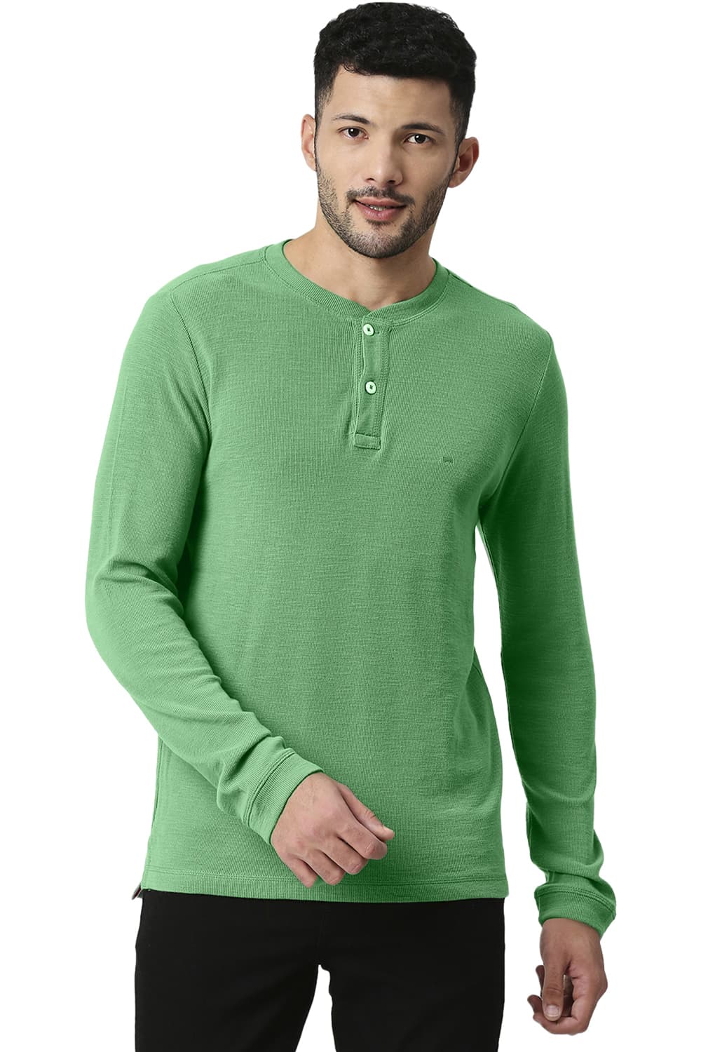 BASICS MUSCLE FIT COTTON POLYESTER HENLEY T-SHIRT