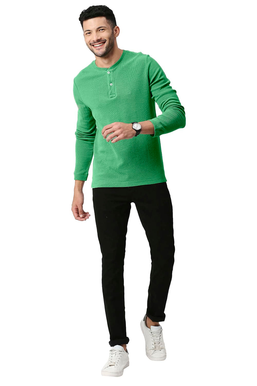 BASICS MUSCLE FIT SHALE GREEN COTTON POLYESTER HENLEY T-SHIRT