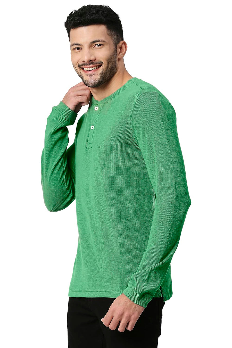 BASICS MUSCLE FIT SHALE GREEN COTTON POLYESTER HENLEY T-SHIRT