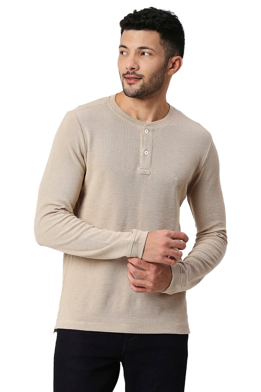 BASICS MUSCLE FIT BIRCH COTTON POLYESTER HENLEY T-SHIRT