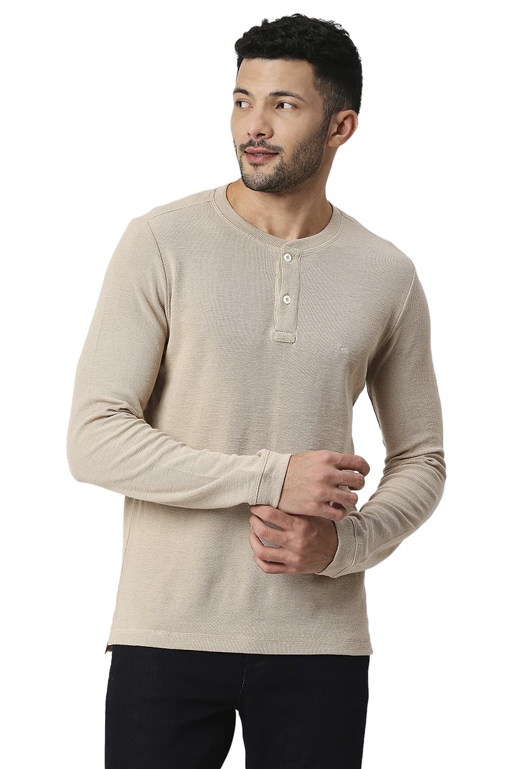 BASICS MUSCLE FIT COTTON POLYESTER HENLEY T-SHIRT