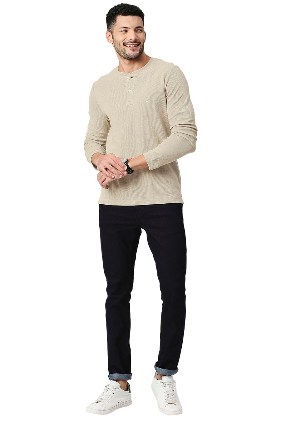 BASICS MUSCLE FIT BIRCH COTTON POLYESTER HENLEY T-SHIRT