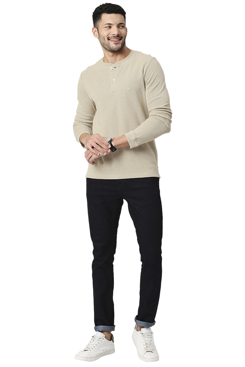 BASICS MUSCLE FIT COTTON POLYESTER HENLEY T-SHIRT