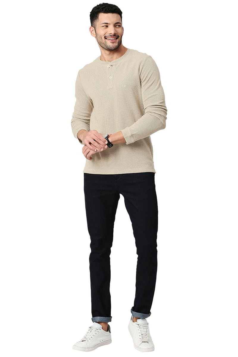 BASICS MUSCLE FIT COTTON POLYESTER HENLEY T-SHIRT