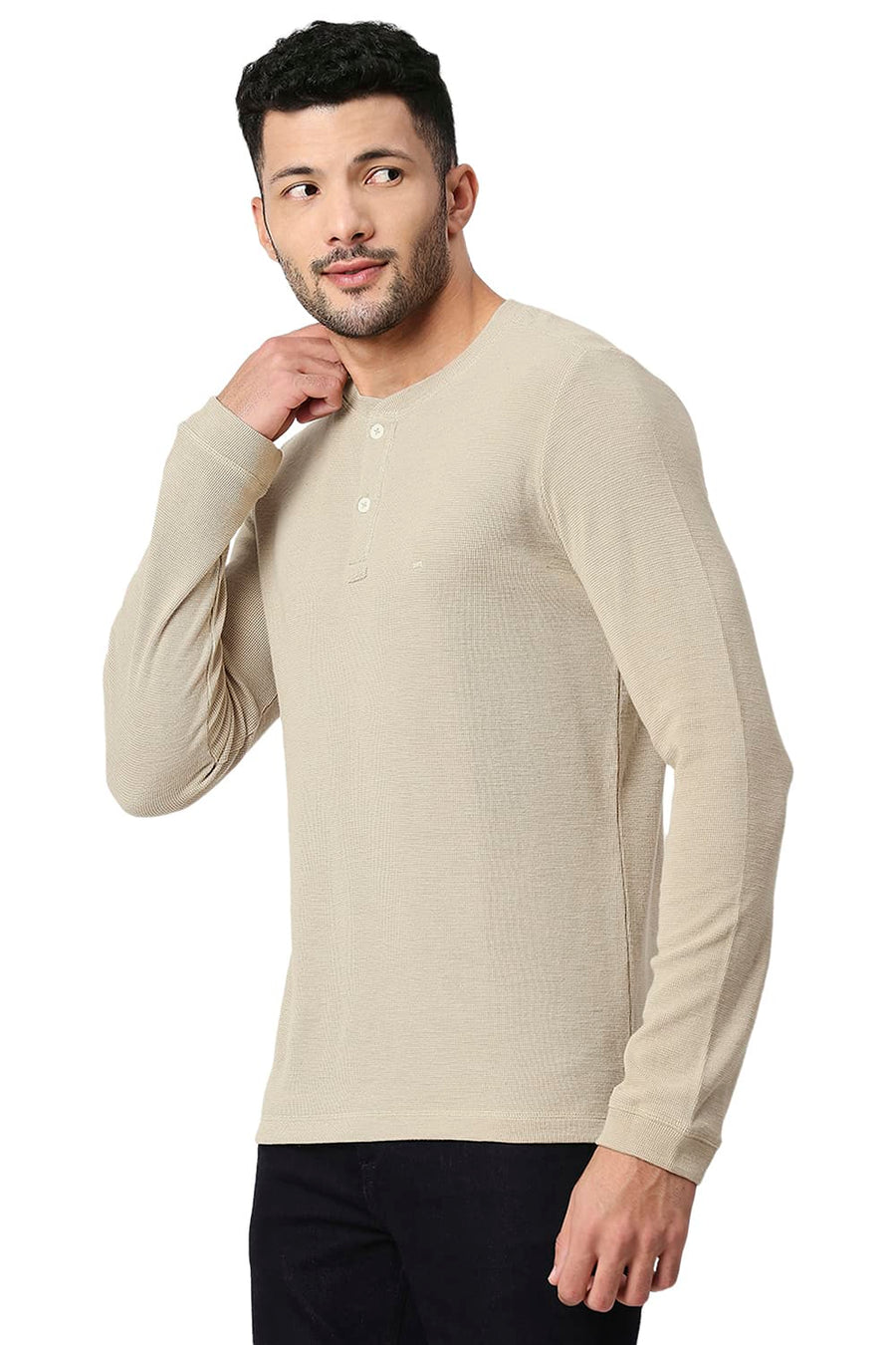 BASICS MUSCLE FIT BIRCH COTTON POLYESTER HENLEY T-SHIRT