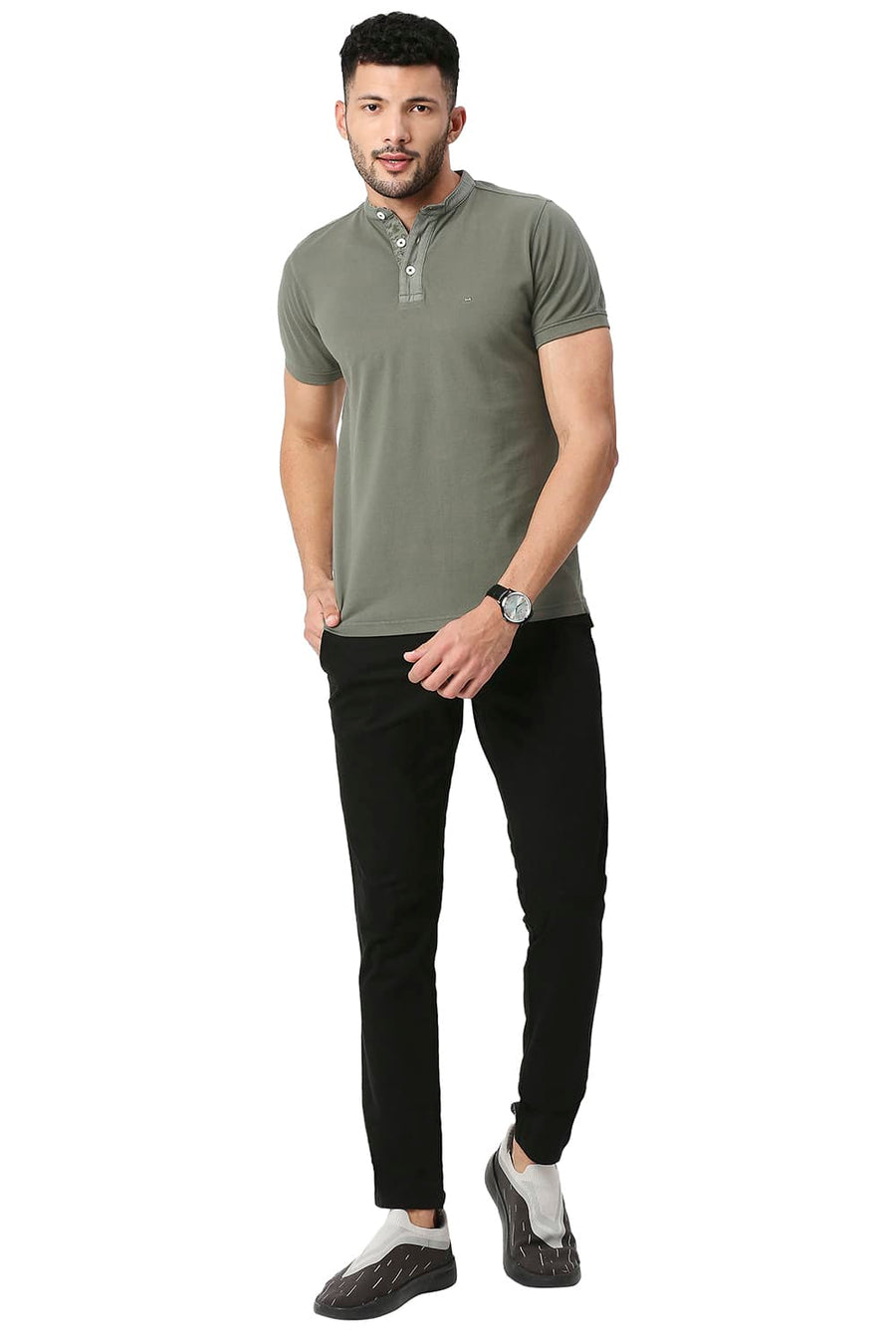 BASICS MUSCLE FIT SMOKEY OLIVE COTTON POLO T-SHIRT