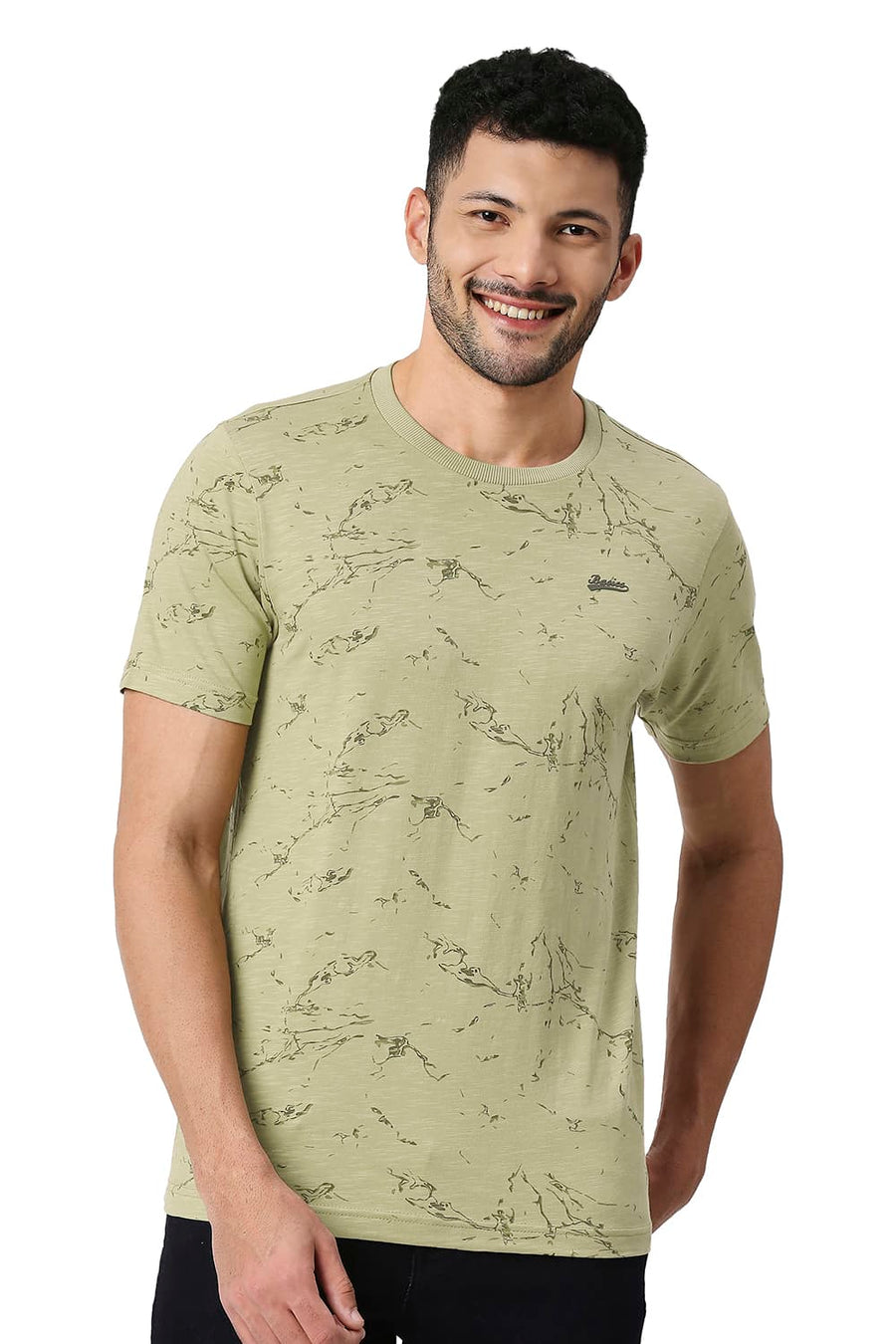 BASICS MUSCLE FIT GREY GREEN COTTON CREW T-SHIRT