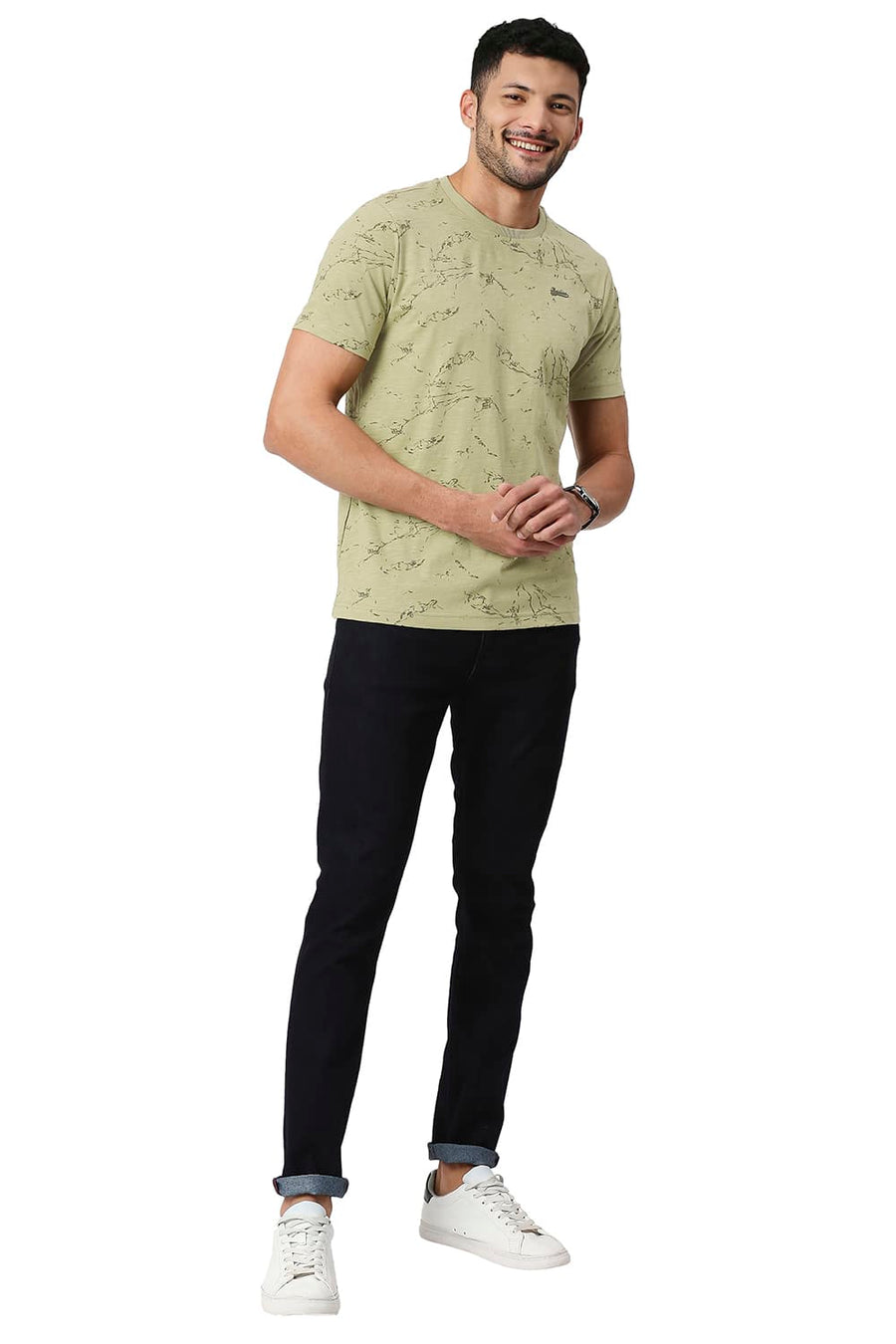 BASICS MUSCLE FIT GREY GREEN COTTON CREW T-SHIRT